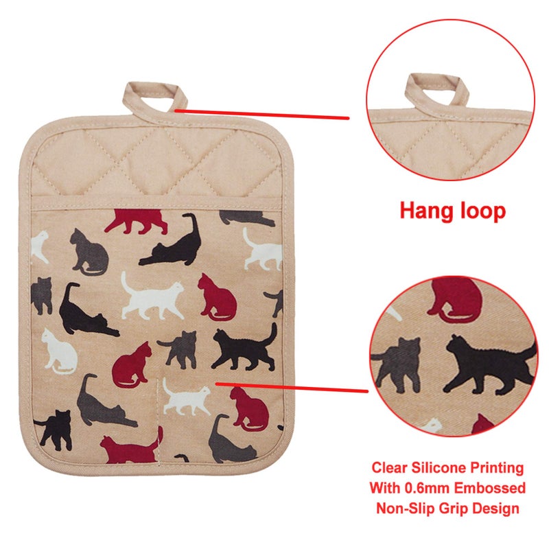 RED LMLDETA Pot Holders Set of 2 Heat Resistant 480 â„‰ Kitchen Non Slip Clear Silicone Printed Comfortable Cotton Lining Women Men Cooking Barbecue Microwave Machine Washable (Cat, Khaki Potholders) - Image 3